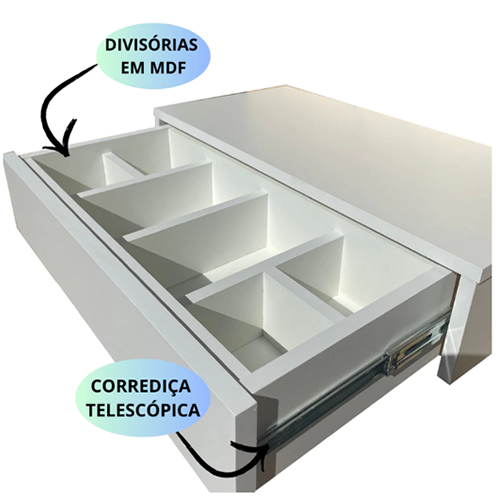 Penteadeira camarim suspenso em MDF Branco e Preto, gaveta com divisória em MDF