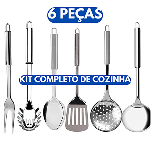 Kit 6 Utensílios de Cozinha em Aço Inox Escumadeira 33cm Concha 32cm Colher de Arroz 29cm Pegador de Massa Reto 32cm Garfo