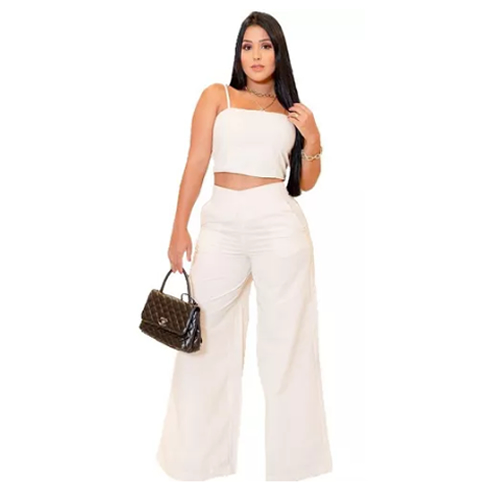 Conjunto Calça Pantalona Cropped De Linho Wide Leg