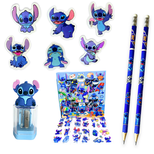 Kit Escolar Stitch 5 itens - Papelaria Kawaii | Lápis, Apontador Temático e Borracha Colecionável