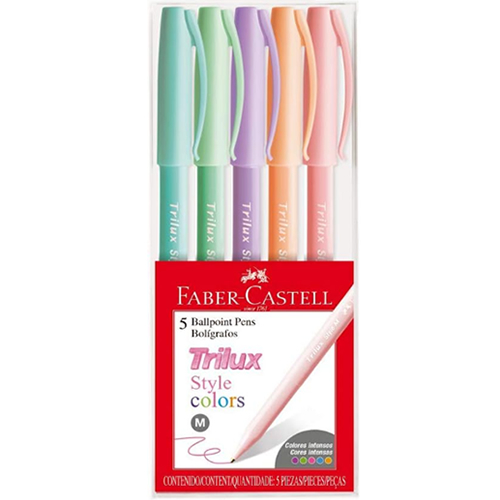 Caneta Esferográfica, Faber-Castell, Trilux Style Colors, 5 Cores Pastéis