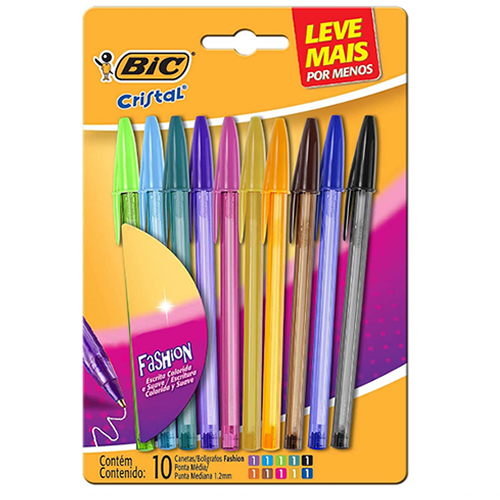 Canetas Coloridas Bic Cristal Fashion 10 Cores Vibrantes, Ponta Esferográfica Média de 1.2mm, Escrita Suave e Cores Vibrantes