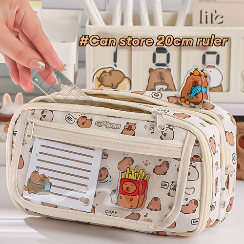 Kawaii Saco Multicamadas Capybara Transparente Para Lápis e Caneta de Grande Capacidade Material de Escritório Escolar