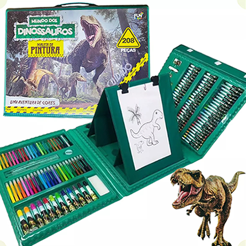 Kit ManoThor Escolar Menino Maleta De Pintura Estúdio Grande 208 Peças Mundo Dos Dinossauros Canetinhas Lápis Cor Tinta Aquarela Desenhos Colorir Borracha Clipe Cola Apontador Régua Material Escola