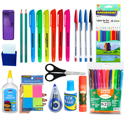 kit 47 Itens Material Escolar Volta as aulas ensino fundamental médio Básico caneta lápis marca texto borracha corretivo