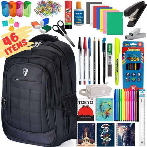 Material Escolar Kit Completo Mochila Ensino Fundamental Médio Faculdade Volta as Aulas 46 Itens