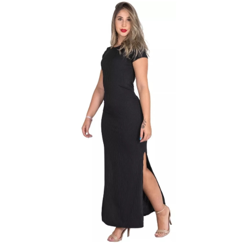 Vestido Longo Casual Canelado Feminino Liso Manga Versátil