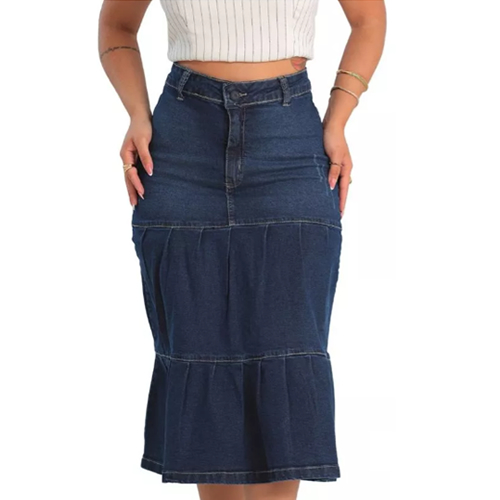 Saia Midi Jeans Com Lycra Super Elegante