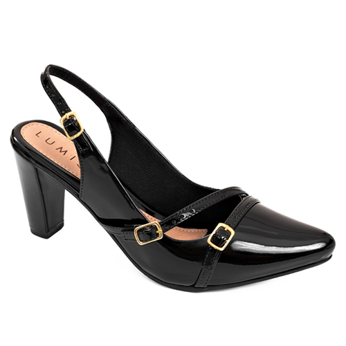 Scarpin Feminino Lumiss Slingback Verniz Salto Fino Confortável Bico Fino Fivelas