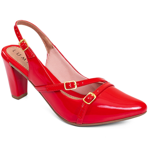 Scarpin Feminino Lumiss Slingback Verniz Salto Fino Confortável Bico Fino Fivelas