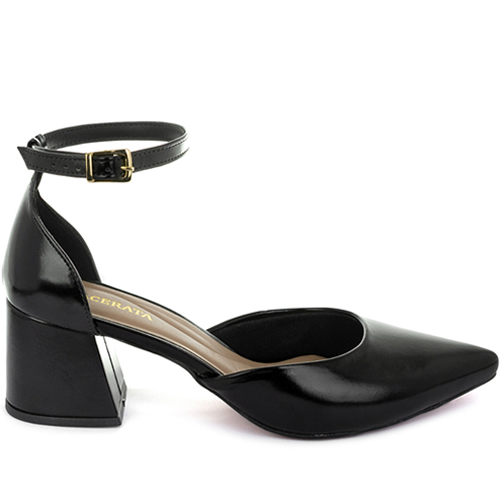 Scarpin Mule Feminino Moda Modesta com Cinto de Fivela Salto Médio Elegante Sofisticado Sola Vermelha Griffe