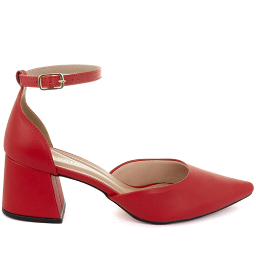 Scarpin Mule Feminino Moda Modesta com Cinto de Fivela Salto Médio Elegante Sofisticado Sola Vermelha Griffe