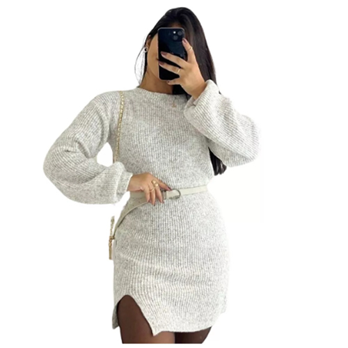 Vestido Tricot Fio Mousse Com Fenda Manga Longa Inverno